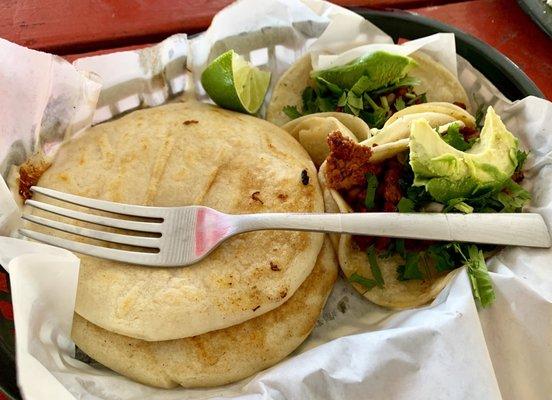 Cheese Pupusas, Chorizo Taco, and Al Pastor Taco