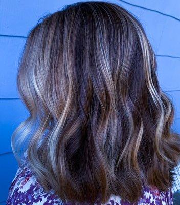 Highlights with contrast, layered medium length hair Kim K Smith