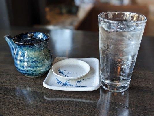 Soy, saucers, and water with ice