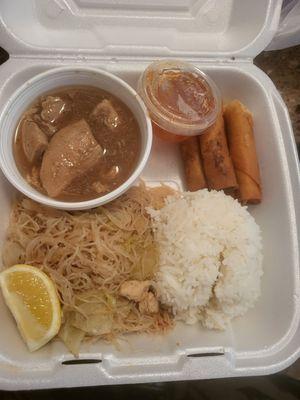 Combination Plate (Pancit Bihon Noodles, Chicken Adobo, Lumpias, & Rice)