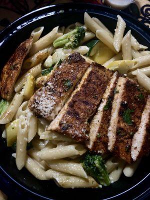 Blackened chicken pasta w Cajun sauce and veggies