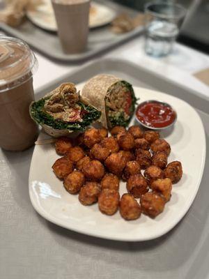 Ceasar wrap and tater tot's. Peanut butter chocolate banana milkshake