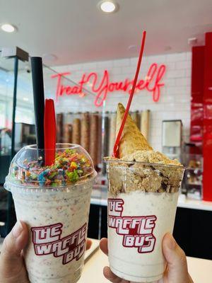 Fruity Pebbles Milkshake & Cinnamon Toast Crunch ice cream with waffle cone