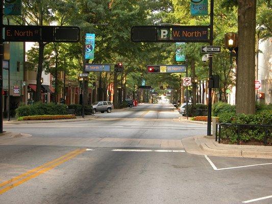 Main St Greenville, SC:
 With wide sidewalks, outdoor plazas and streetside dining Greenville has a vibrant and authentic atmosphere.