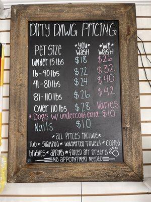 Prices of self serve baths or "we" give your dog the bath.