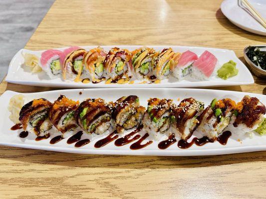 Sushi and fried squid rice bowl.