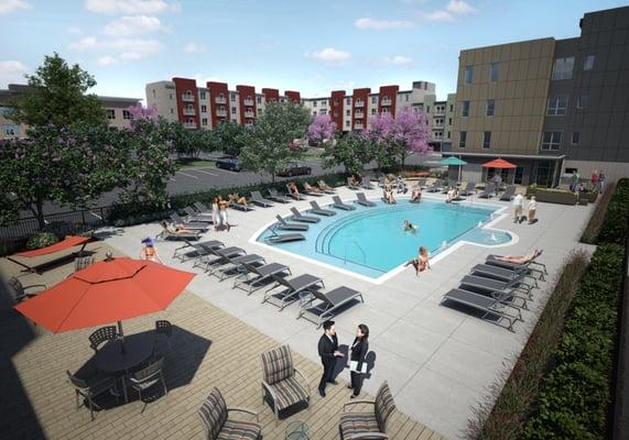 Rendering of the pool and outdoor living space at The Heights at Linden Square, located in Gladstone, MO