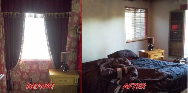 Bedroom wall "before / after" Reita removed wallpaper.