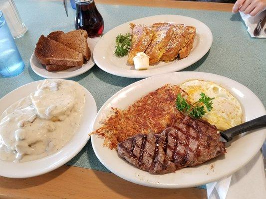 Steak and eggs, half order biscuits and gravy, french toast