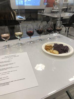 Wine tasting menu, glasses, and snacks.