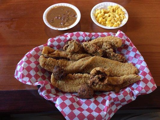 Catfish Filets, Oysters, Red Beans & Rice and Mac & Cheese