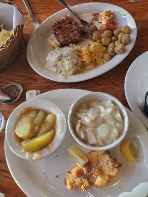 Friday Fish Fry special, fried apples, dumplings, meatloaf