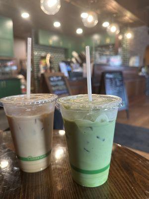 Lavender iced latte + coconut and oat milk, matcha lavender iced tea with oat milk