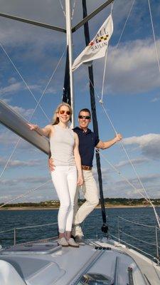 Romantic wedding engagement on a beautiful sailing yacht.