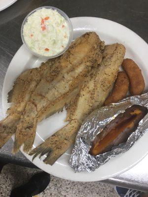 Whole catfish plate , salt and pepper style , sweet potatoes on Tuesday Wednesday and Thursday