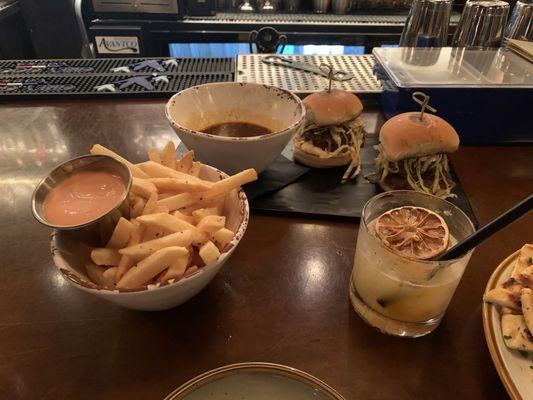 Birria beef sliders with a side of French fries. Also the mandarin dream margarita.