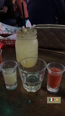 Cucumber margarita and bandera shot