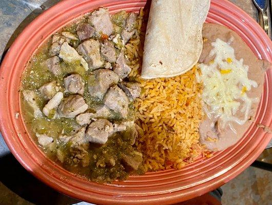 Chili verde plate with corn tortillas