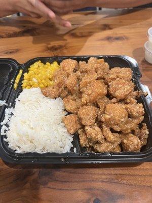 Garlic Butter Salt Popcorn Chicken with Rice and Corn