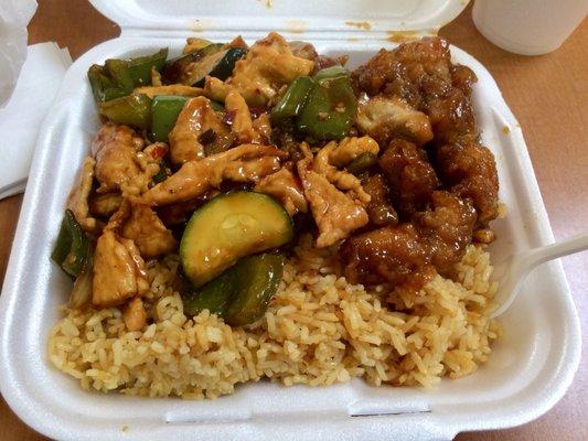 Szechuan chicken and sesame chicken with fried rice