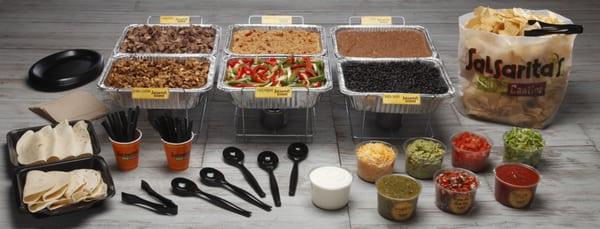 Fajita Bar with Spanish rice, grilled veggies, chicken, steak, and both black & refried beans. $10.49/person