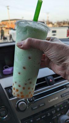 Honeydew Snow with popping peach boba