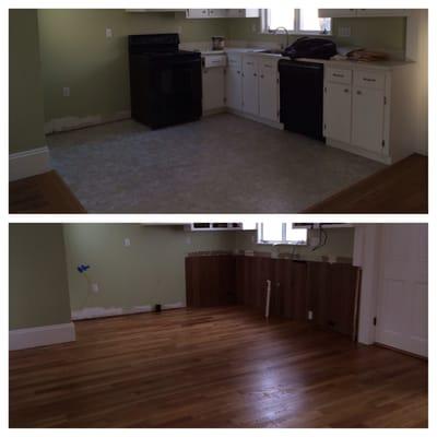 Before and after of our kitchen. The new hardwood blended in so well you can't tell where the seam used to be!