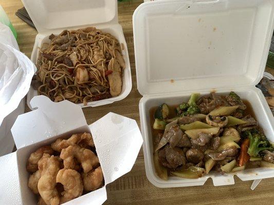 Combination Chow Mein, Beef w. Garlic Sauce, sweet & sour chicken (sauce not pictured)