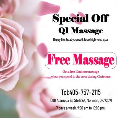 During the Christmas period, if you purchase a 60mins massage service in the store, you can receive a 10mins free massage (ENDS: 12/31/2023)