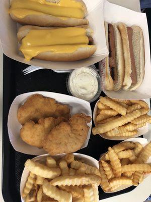 Cheese dogs , plain and chicken & fries