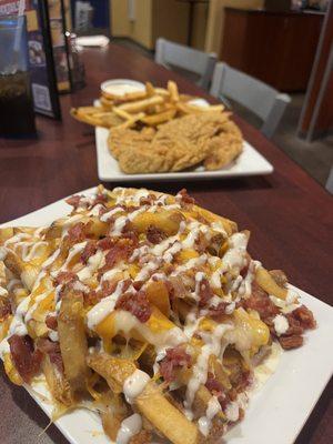 Loaded fries with no scallions and chicken tenders