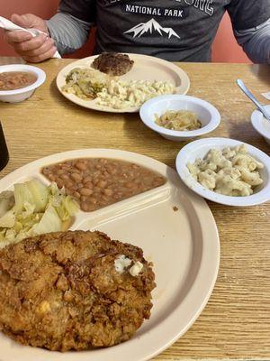 Chicken fried steak cabbage pinto beans hamburger steak