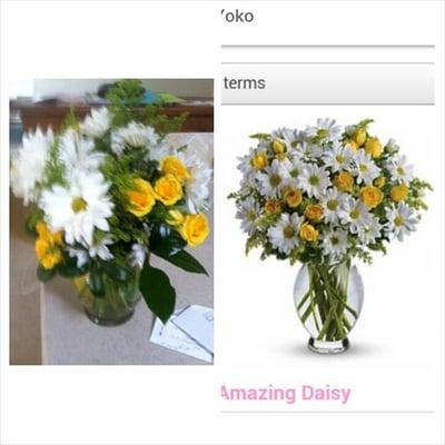 Here's the arrangement that was delivered on the left and the one pictured on the website on the right