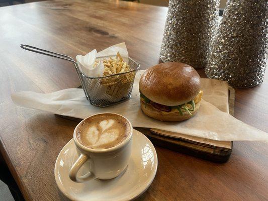 Espresso Cortado with breakfast sandwich and frites on a cold December morning