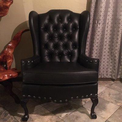 Custom black leather wingback chair