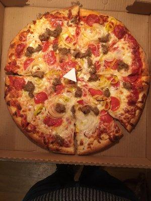 Pepperoni, Sausage, Peppers, & OnionPizza