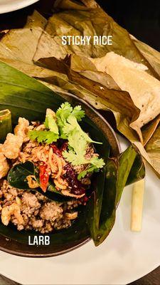 Pork Larb with Black Sesame Coconut Sticky Rice