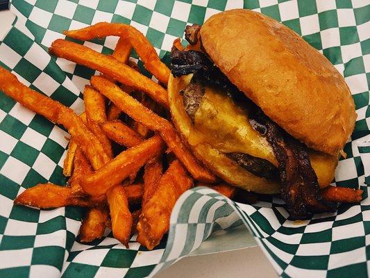 Cowboy BBQ burger with sweet potato fries!