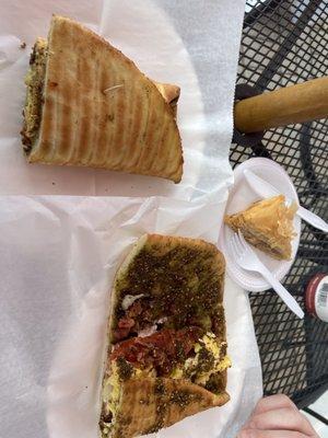 Zaatar with eggs, bacon, cream cheese, tomato, onion