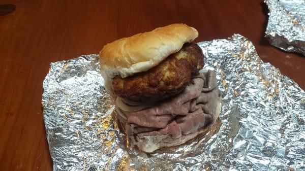 world famous pit beef with the voted best crab cake in Carroll county. In one sandwich with old bay infused bbq sauce.