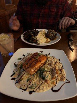 Pan-seared Salmon with risotto and the filet special with mashed potatoes and roasted Brussels! Mezcalita cocktail too... 10/10!