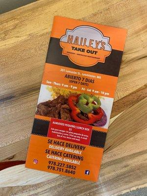 A menu Sitka Creations designed for their client Hailey's Take Out.