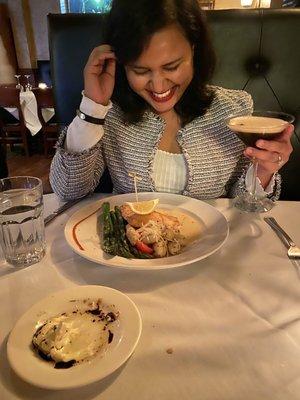 Expresso Martini with Atlantic Salmon with Sauteed Asparagus.