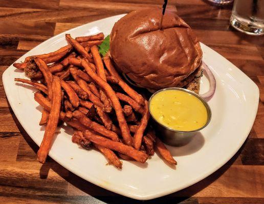 Grilled Chicken Sandwich with Sweet Potato Fries at Capitol Bistro and Bar Romulus