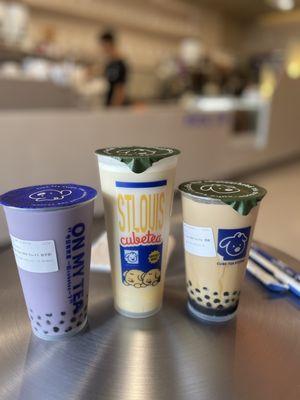 Taro milk tea with boba, jasmine milk tea with egg pudding, classic milk tea with boba