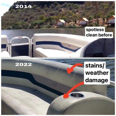 Before and After of the pontoon boat I've rented back in 2014 vs. now in June 2022 that sadly had weather damage and stains all around.