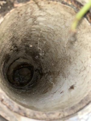 T between house and septic tank.  Has come to top when tank is full - it only has a little water at the bottom