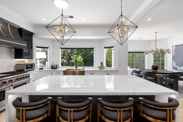 Timeless kitchen flooring, countertops and cabinet hardware.