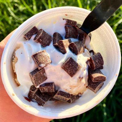 Fudge brownie & Pb cup ice creams (small) w/ whipped cream, hot fudge, & chocolate chunks