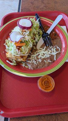 Pork chimichanga $11.50 comes with beans, ceramic plate, plastic utensils. Excellent as is salsa too!  Jam-2024